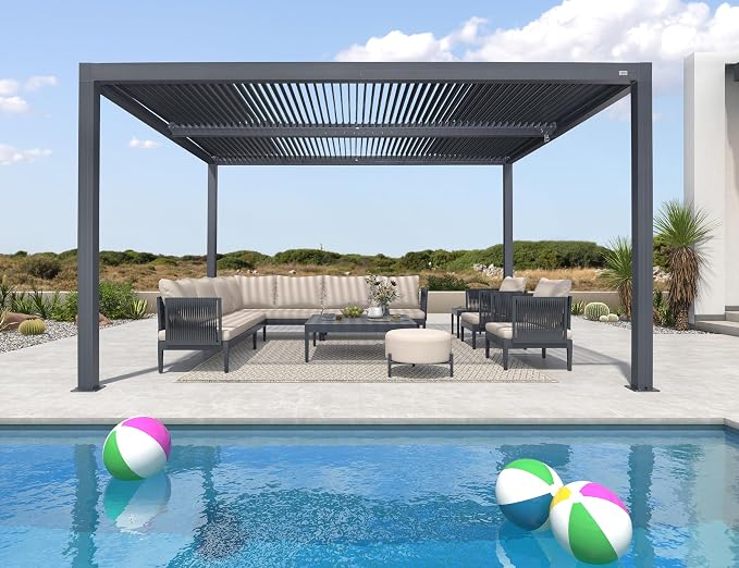 PURPLE LEAF Louvered Pergola 94AS 12' x 14' All-Aluminum Rustproof Gray | Rainproof Dry System Keeps Furniture Protected, Two Adjustable Louvered Roofs, 53Mph Wind Resistant, Zero-Rust Aluminum.