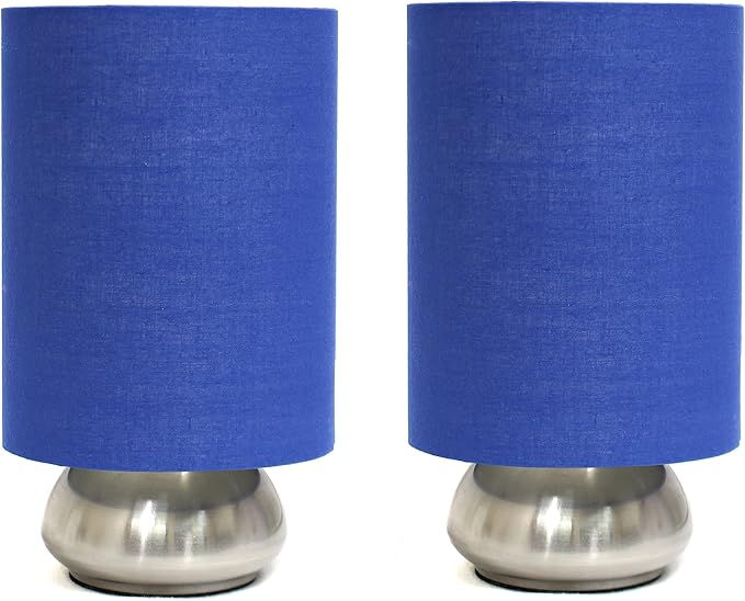 Simple Designs LT2016-BLU-2PK Gemini Brushed Nickel 2 Pack Mini Touch Lamp Set with Fabric Shades, Blue