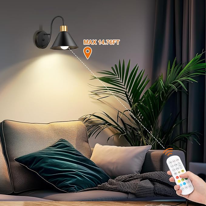 Frideko Rechargeable Battery Operated Wall Sconces Set of Two with Remote, RGB 15 Colors Dimmable Black Wall Light, Indoor Battery Powered Wireless Sconce with Timer for Living Room Bedroom