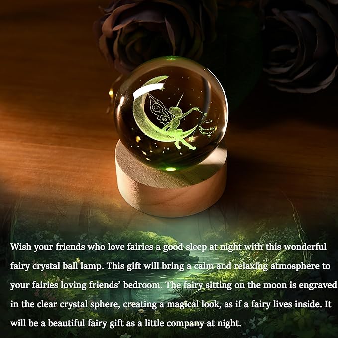 IFOLAINA Moon Fairy Crystal Ball - 3D Laser Engraved Glass Night Light, Decorative Globe, Crystal Moon Sphere - Gifts for Girls, Her, Fairy Lovers