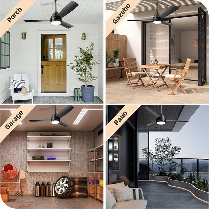 PBLALA 52" Outdoor Ceiling Fans with Lights,Plug in Ceiling Fan Light,Gazebo Fan Light,Hanging with Hook,50W,3CCT,App&Remote Control,6-Speeds,DC Motor,Portable Fan for Patios,Pergola