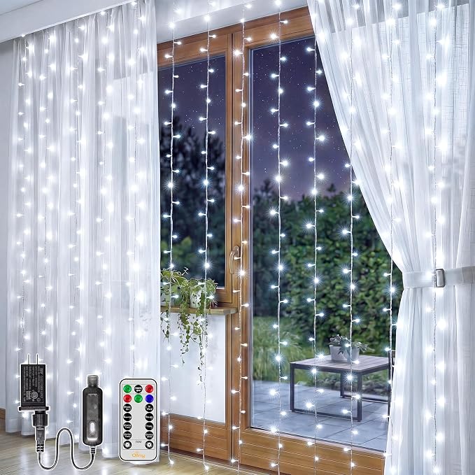 Ollny Curtain Lights 6.6x6.6ft, Plug in String Lights for Indoor Bedroom, 200 LED Connectable Fairy Light with Remote Timer 8 Modes, Waterproof Christmas Light for Outdoor Wedding, Cool White