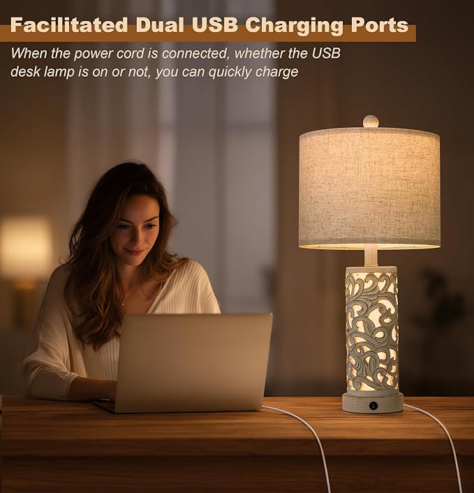 22" Dual Light Table Lamps Set of 2 for Living Room, USB A+C Table Lamp for Bedroom, Farmhouse Lamps for Night Stands with Linen Shade for Home Office(Wash White, Bulb Included)
