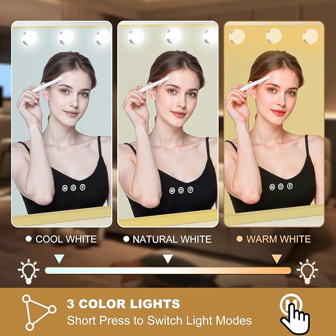 Moonee Vanity Mirror with Lights, Gold Hollywood Lighted Makeup Mirror with 17 Dimmable Bulbs and 10X Magnification, 3 Colors Modes, Aluminum Metal Frame, Light Up Mirror for Tabletop/Wall（28" x 20"）