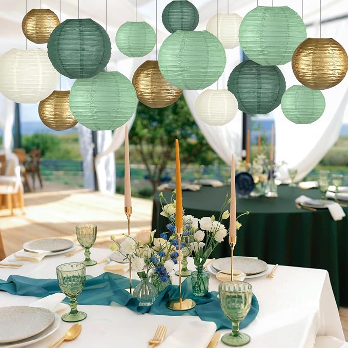 15-Pack Sage Green Gold Paper Lanterns Party Decorations | Assorted 6, 8 & 10-Inch Hanging Lanterns for Baby and Bridal Showers, Graduations, Weddings, Birthdays and Outdoor Receptions