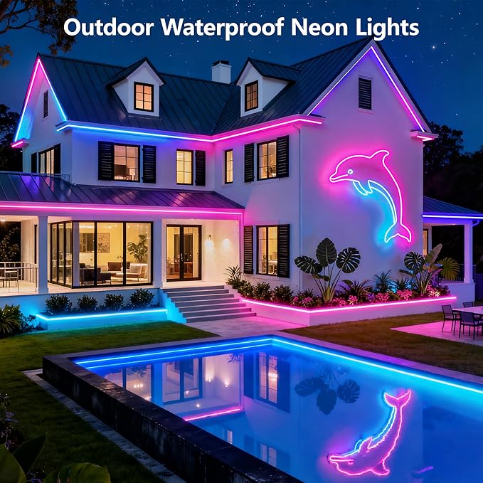 Neon Rope Lights - 66Ft Flexible LED Rope Lights,24V RGB Rope Lights Control with App/Remote Multiple Modes,DIY Design, IP65 Waterproof Strip Lights for Bedroom Room Outdoors Decor(33FT*2)
