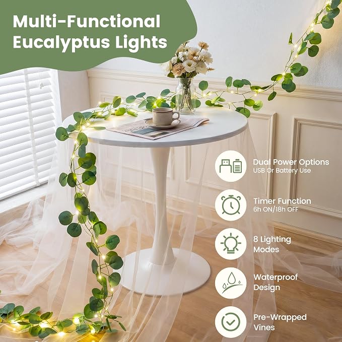 HEYFUNi 23FT Eucalyptus Garland with Fairy Lights, USB & Battery | 73 Leds, Timer & Memory & 8 Modes, Greenery Eucalyptus Leaf Vine Lights For Bedroom, Wall, Wedding, Party, Summer Dorm Decor