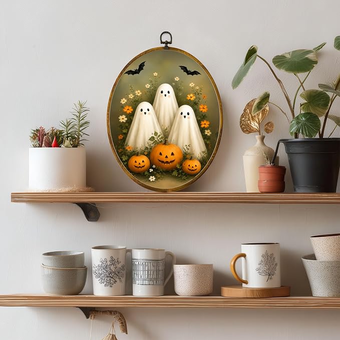 Cute Ghost Pumpkin Oval Wall Art, Framed Canvas Decor, 8.5x11.5 Inch | Three cute ghosts, jack o lantern pumpkins, bats and floral garden Halloween decor
