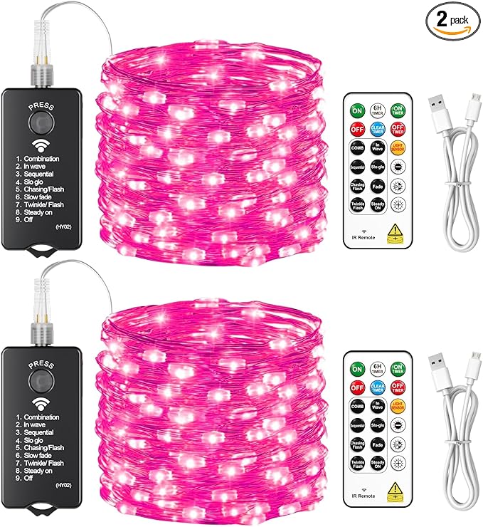 HXWEIYE Rechargeable Fairy Lights with Remote, 2 Pack 33ft 100LED Twinkle Lights with DIY Timer & Light Sensor, Waterproof Outdoor String Lights for Bedroom Patio Christmas Tree Decor, Pink