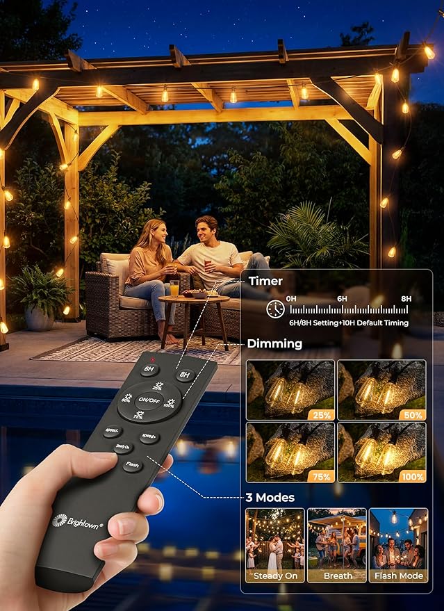Brightown 58FT Solar String Lights Outdoor, 25+1 Shatterproof LED Lights | Waterproof, Remote Control, Dimmable, Timer, 3 Light Modes, Commercial Grade Patio Lights for Garden, Backyard, Party Decor