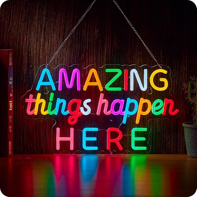 Amazing Things Happen Here Neon Sign, Positive Affirmation LED Light for Wall Decor Multicolored Light Up Signs for Classroom Kindergarten Wedding Party Store Home, Compatible with Timer