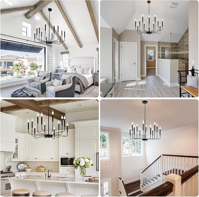 Black Chandelier, 12-Light Farmhouse Chandeliers for Dining Room, Classic Candle Ceiling Pendant Light Fixture for Living Room, Foyer, Kitchen Island, Bedroom, Entryway