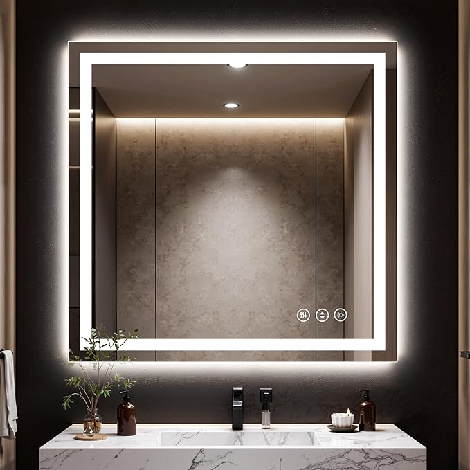 48x48 LED Bathroom Mirror with Anti-Fog, Backlit & Front Lit, Memory | Stepless Dimmable 3 Color CRI 95+ Shatterproof Tempered Glass ETL Listed for Safety Lighted Bathroom Vanity Mirror for Wall