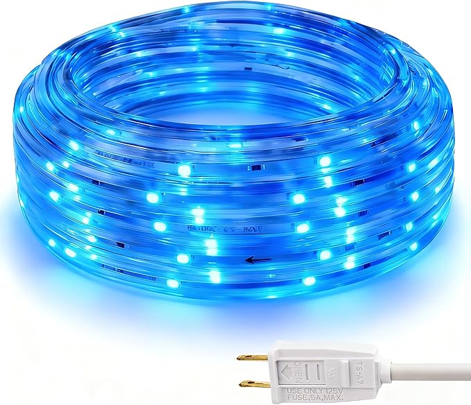 Blue LED Rope Lights Outdoor, 33ft Flat Strip Lights, Flexible Connectable and Waterproof Rope Lighting for Indoor Outdoor Use, Mood Lighting for Game Room Pool Ground Patio Party