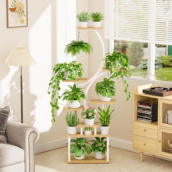 BACEKOLL Plant Stand Indoor with Grow Light, 8 Tier Corner Plant Shelf Tall | 62" Lighted Flower Holder for Plant Multiple, Space-Saving Beautiful Display Growing Rack for Home, Sturdy Metal, Natural