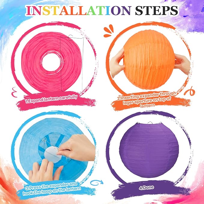 Qenk 12 Pcs Colorful Paper Lanterns, 10" Hanging Paper Lanterns for party | Paper Lanterns Party Decorations for Classroom Party Wedding Birthday Valentine's Day