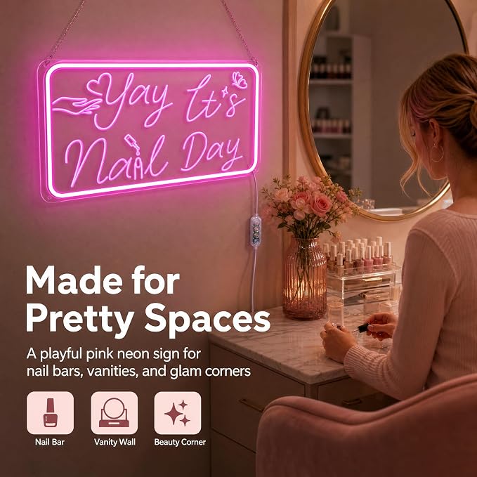 Pink Neon Sign, Yay It's Nail Day LED Neon Light Sign with Motion Sensor & 3-Key Dimmable Mode, USB Powered Neon Signs for Wall Decor, Nail Salon Decor, Nail Room Decor, Teen Girl Room Decor, Stylish Nail Tech Gifts for Women