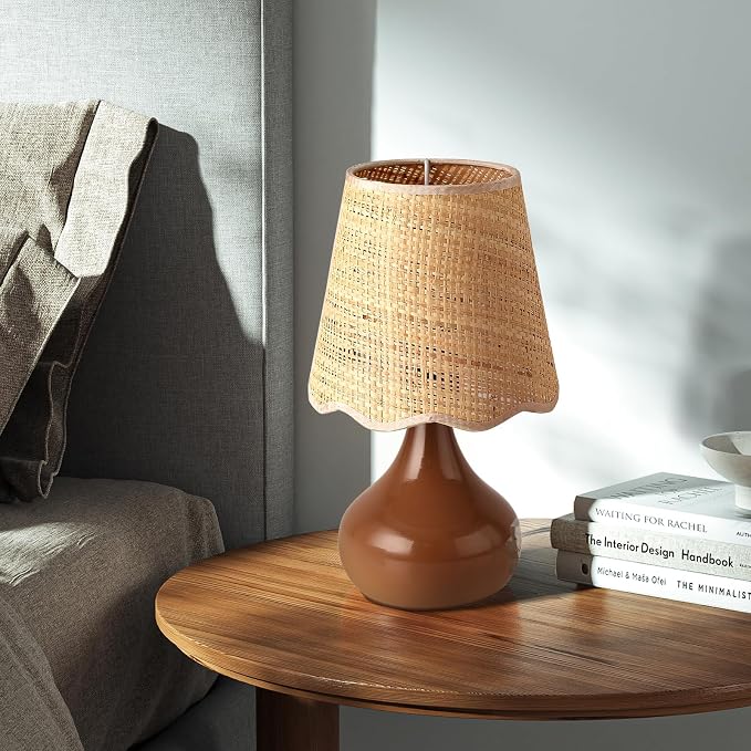 Ziqqeelam Brown Small Bedside Table Lamp for Bedroom, Farmhouse Bedroom Lamps for Nightstand, Rattan Lamp Shade Table Lamps for Small Spaces for Kitchen Counter, Home Office, Living Room, Kids Dorm