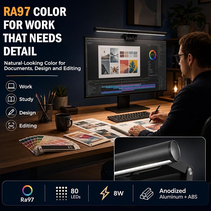 Monitor Light Bar 15.8", No-Glare Asymmetric Desk Screen Lamp | Auto-Dimming USB Reading Lamps, CRI Ra97, 2700K-6500K & Stepless Dimming, Touch Control, 5V/2A Adapter for Home Office