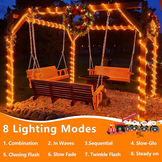 YEGUO Solar Rope Light Outdoor Waterproof, 66ft 200 LED Orange String Lights, 8 Modes Tube Christmas Lights in Clear Thin Tube