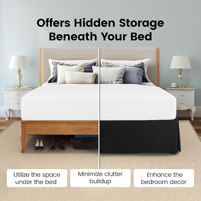 King Bed Skirt, Hides Under-Bed Storage 16 Inch Drop, Pleated, Black | Easy Fit Design, Shrinkage & Fade Resistant, Hotel Style, Microfiber Durable Fabric, Machine Washable