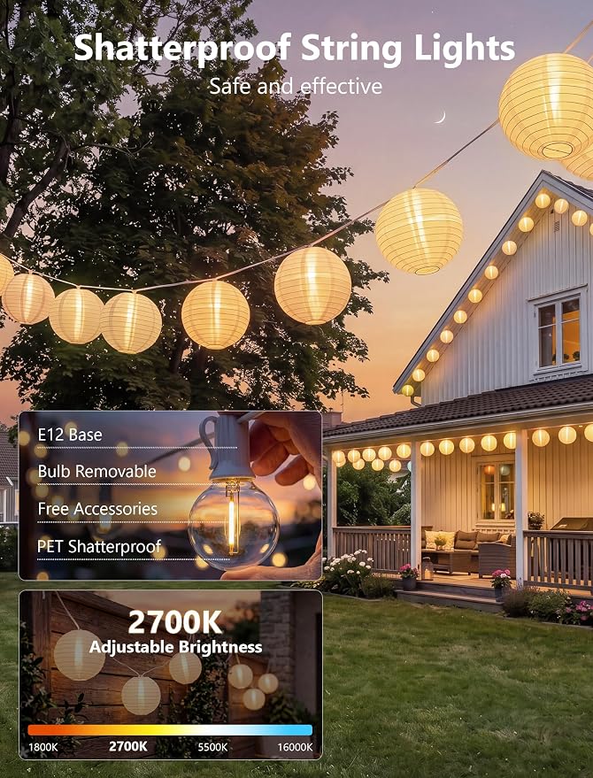 25 FT White Lantern String Lights, Chinese Lanterns with 10 LED G40 Light Bulbs, Plug-in Outdoor String Lights for Wedding Home Party Patio Garden Porch Backyard Cafe Decor