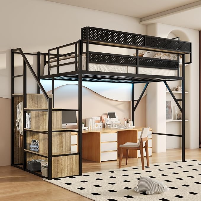 Full Size Metal Loft Bed with Storage Stairs, Wardrobe & Charging Station | Storage Shelve,Convertible Staircase,LED Lights, Solid Wood Stairs, Safety Guardrail, Noise-Free, No Box Spring Needed