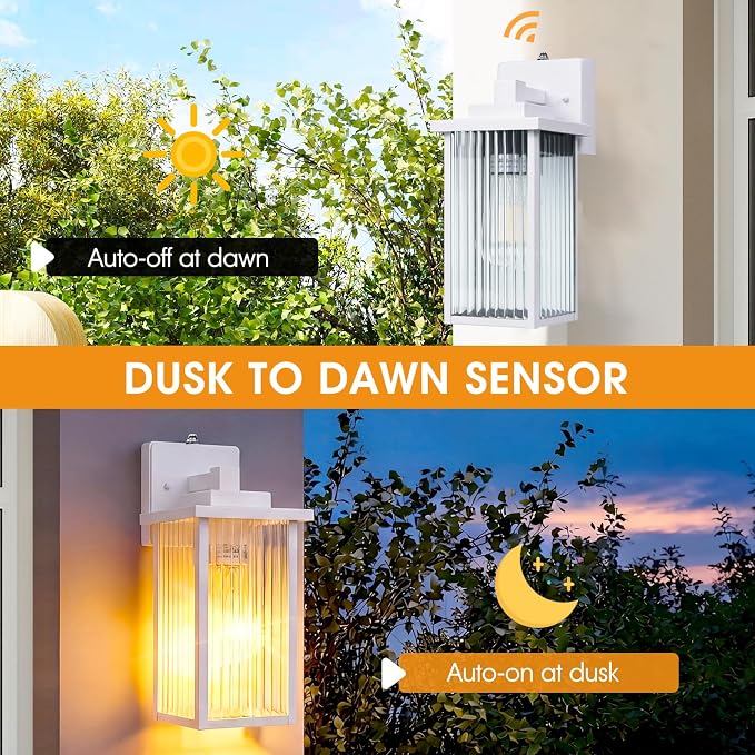 2-Pack 13" White Dusk to Dawn Wall-Mounted Exterior Light Fixtures | Auto On and Off, Anti-Rust Metal Frame, Tempered Glass, E26 Socket, Easy DIY Install on Porch, Garage