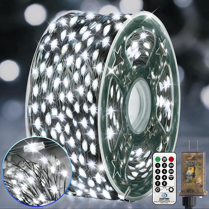 KNONEW 400FT 1200LED Green Wire Outdoor Fairy Lights Plug in Cool White | Timer,Memory,Dimmable,Remote,Waterproof,Green Wire,Invisible in Greenery,for Garden,Wedding,Party, Indoor/Outdoor, Christmas