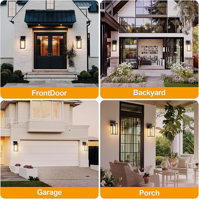 Kalium Porch Wall Lights Outdoor, Waterproof Lanterns with Frame and Clear Glass Shade, Exterior Front Porch Light Matte Black Wall Sconce, Modern Mounted Lighting for Patio Entryway Hallway
