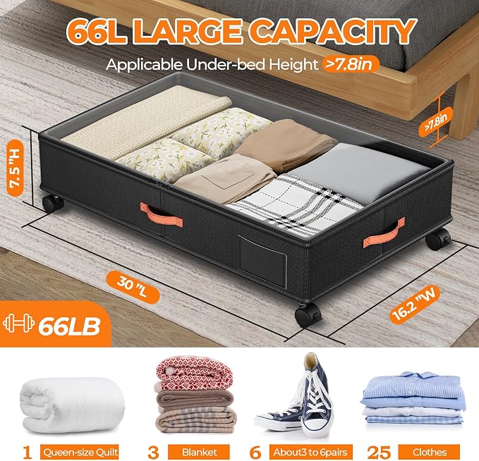 Under Bed Storage with Wheels,2-Pack Under Bed Storage Containers with Clear Lids,XXL Large Under the Bed Storage Organizer Bins With Handles,Space Saving Design for Clothes,Shoes,Books-Black2