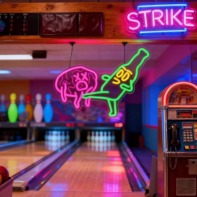 Funny Beer Neon Sign for Bar Man Cave Wall Decor Novelty LED Light | USB Powered Dimmable Funny Beer Neon Sign with Beer Kicking Brain Artwork for Bar Pub Man Cave Game Room Garage Decor