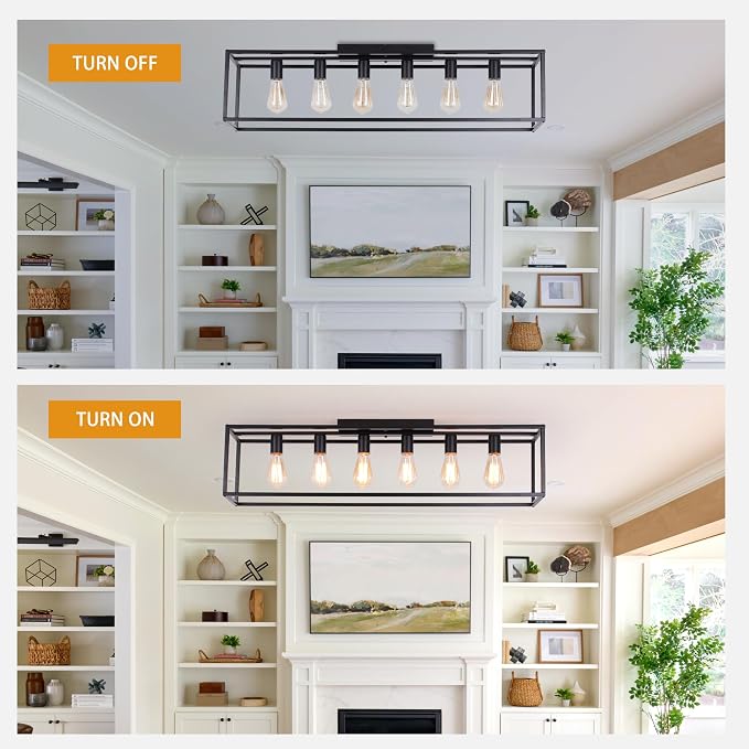 Garwarm 38" Farmhouse Kitchen Ceiling Light, Black Rectangle Flush Mount | 6-Light Farmhouse Dining Room Light Fixture, Industrial Rectangle Chandelier for Low Ceiling Living Room, Bedroom & Entryway