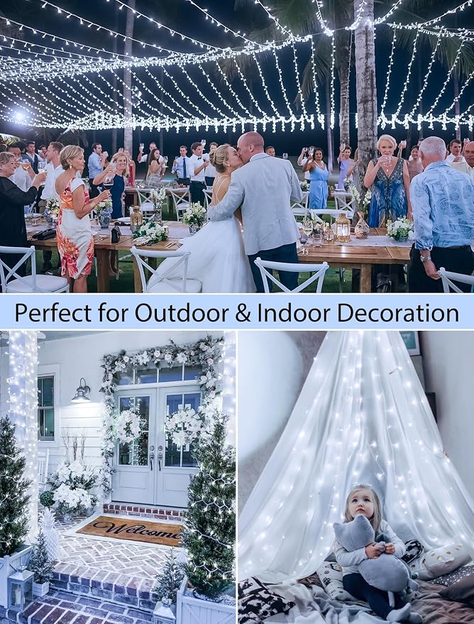 33FT 100 LED Cool White Christmas Fairy Twinkle String Lights Indoor | 8 Modes with Memory, Connectable, IP65 Waterproof, Transparent Wire, Up to 5 Sets, Widely use for Classroom, Bedroom, dorm