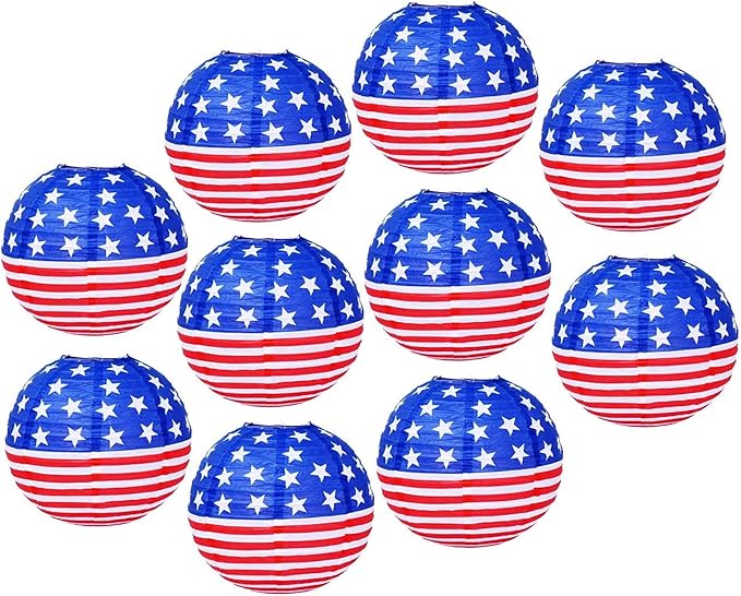 Mudra Crafts 12 In 10 American Flag Paper Lanterns Red White Blue Decorations for Armed Forces & Memorial Day Décor - USA Citizenship Event Patriotic Decorations
