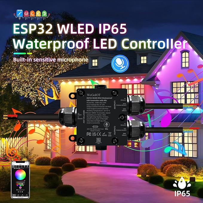 Waterproof ESP32 WLED Controller with Mic , Project for Pool Boat Landscape Outdoor Lights IP65 Dynamic RGB IC DIY Lighting WiFi APP Control for WS2812B DC5-24V RGBW LED Controller (2 Channel)