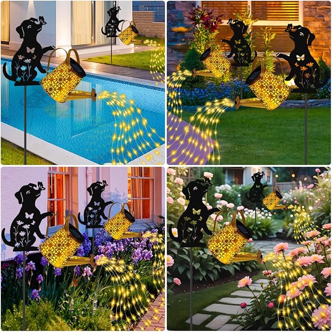Christmas Gifts Solar Lights Outdoor Decorative, Watering Can with Cascading Lights, with Dog Silhouette Garden Stakes, Waterproof Metal Garden Decor 2 Pack