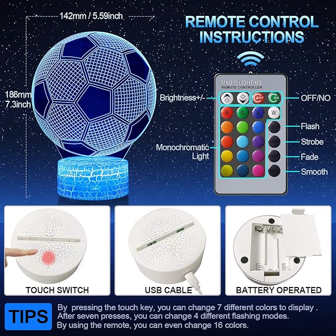Soccer Night Light, Soccer Gifts for Boys Girls or Decor, Beauty 3D Illusion Lamp with 16 Colors Change Remote Control, Decorative Desk Lamp Christmas Creative Birthday Gift Ideal for Sport Fans