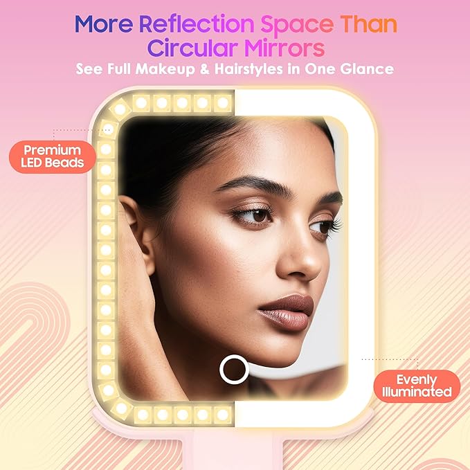 Magnifying Travel Mirror with Light, 30X/1X Double-Sided Magnifying Mirror with 3 Color Lights, Brightness Adjustable,Foldable Handheld Makeup Mirrors Portable for Travel and Desktop Use, Pink