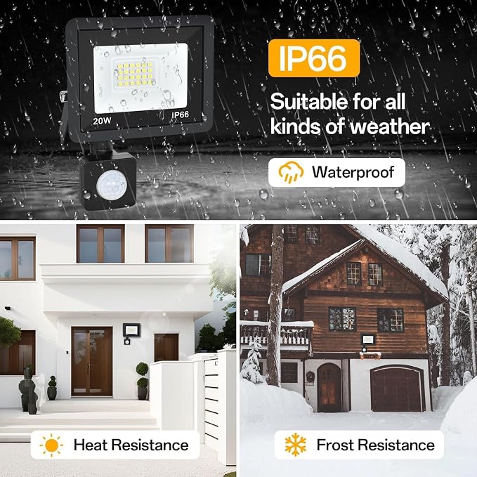 Motion Sensor Outdoor Lights, Plug in Flood Lights Outdoor Motion Sensor,20W Dusk to Dawn Outdoor Lighting 6000K Waterproof,Adjustable Wall Security Lights for Garage, Porch, Yard (2 Pcs)