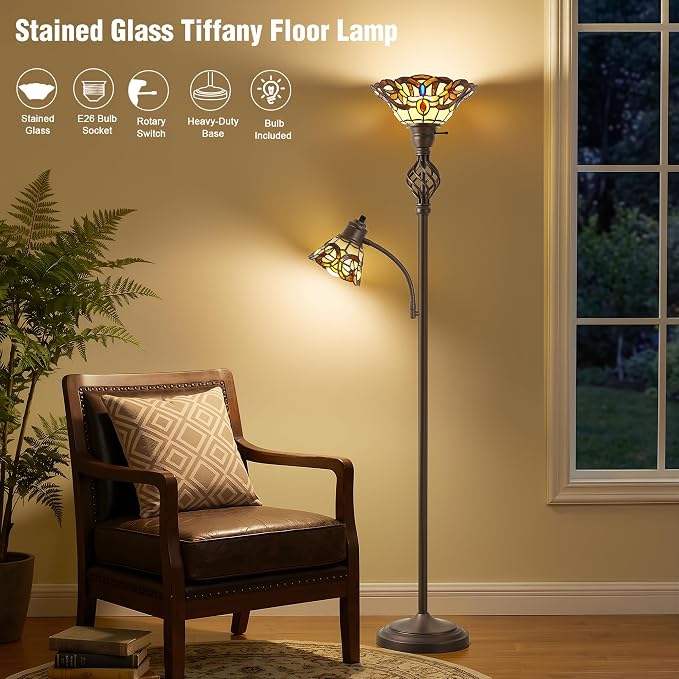 Tiffany Floor Lamp, Torchiere Floor Lamps with Stained Glass Shade, 70" Tall Standing Lamp with Adjustable Gooseneck Reading Lamp for Living Room Bedroom Office, Bulbs Included