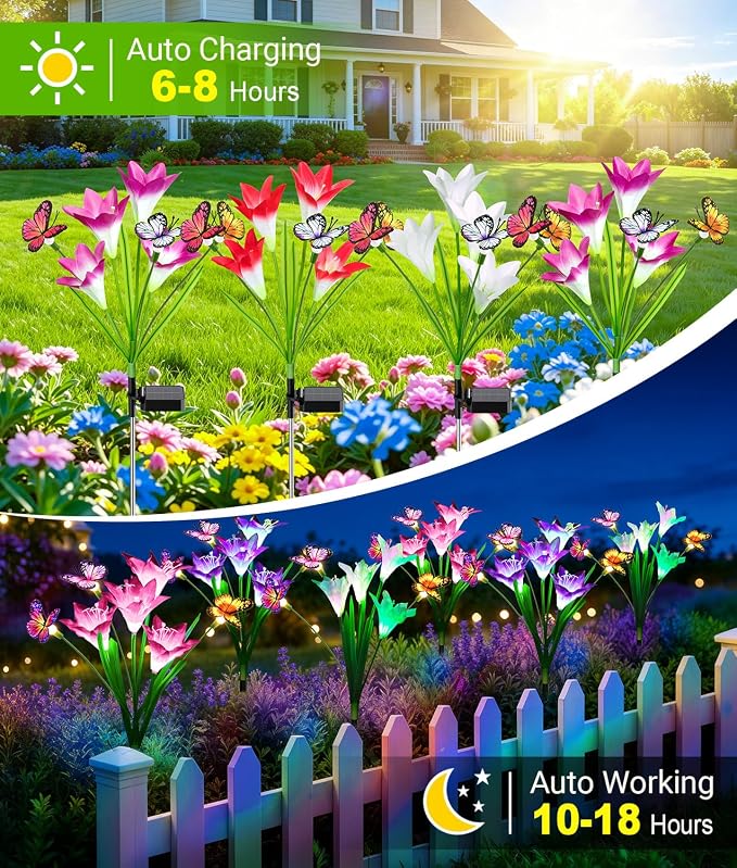 KOOPER Solar Lights Outdoor Garden Decor 4 Pack, 16 Lily Flowers and 12 Swaying Butterflies, IP65 Waterproof 7 Color Changing Solar Flower Lights for Yard Patio Pathway, Gifts for Mom Women Grandma