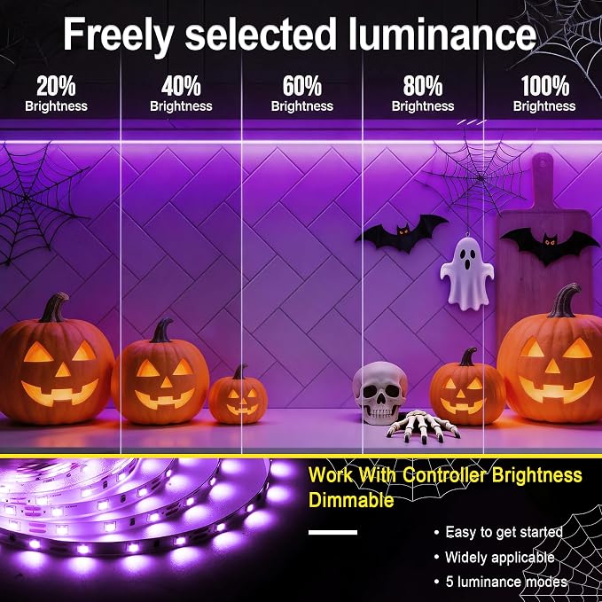 Purple Led Lights Strip Indoor Halloween Decor Rope Lights Easy DIY Cuttable Strip Lights for Room Bathroom Living Room Kitchen Ceiling Wall Vanity Mirror Decor