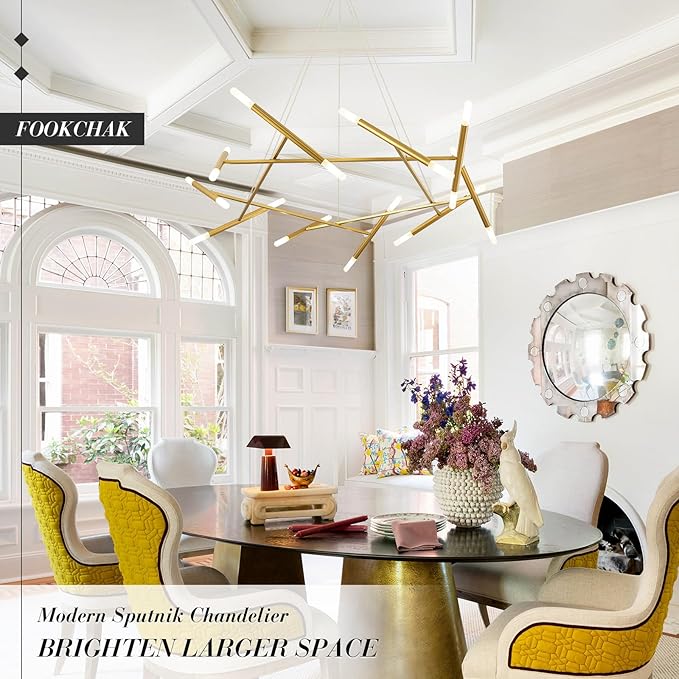 Gold Chandelier Light Fixture, 56" Round Dining Room Chandelier Over Table 20 Light Geometric Modern Chandeliers Mid-Century Hanging Light Fixture for Foyer Living Room Master Bedroom, G9