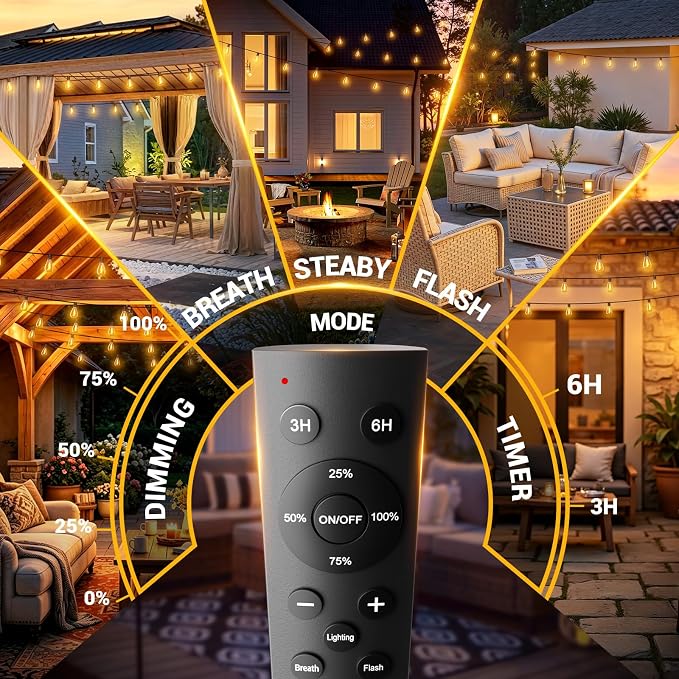 30FT Outdoor String Lights with Remote, Waterproof Patio Lights with 10+1 Shatterproof LED Bulbs,Dimmable Hanging Decor for Backyard Garden Porch Bistro, Timer & 3 Modes,2700K Warm White