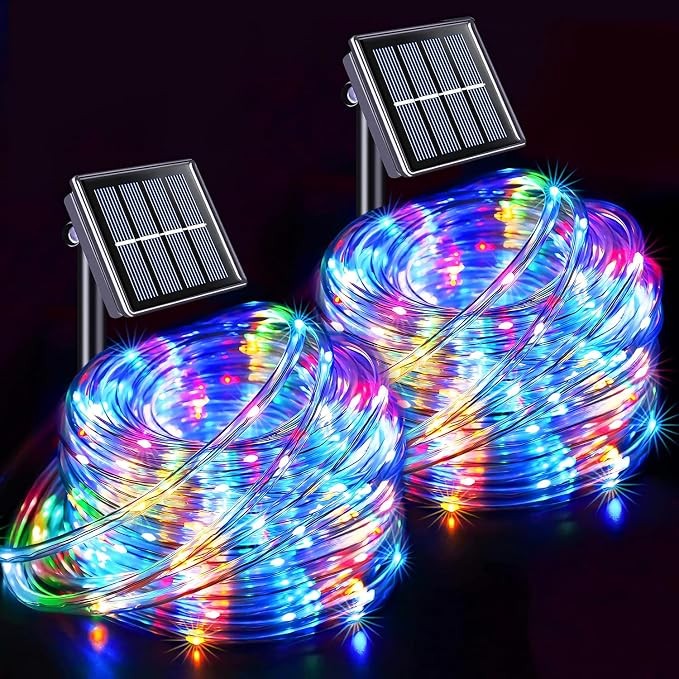 JMEXSUSS 2 Pack 100 LED Solar Rope Lights Outdoor, Multicolor Tube Lights | 33ft, IP65 Waterproof, 8 Modes, PVC Tube, Outdoor, Trampoline Lights For Fence Walkway Path Trampoline Christmas Decor