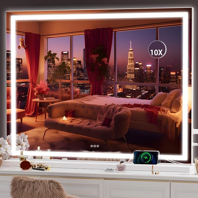 Hasipu Vanity Mirror with Lights, 39.4" x 28.7" LED Makeup Mirror, Lighted Makeup Mirror with Dimmable 3 Modes