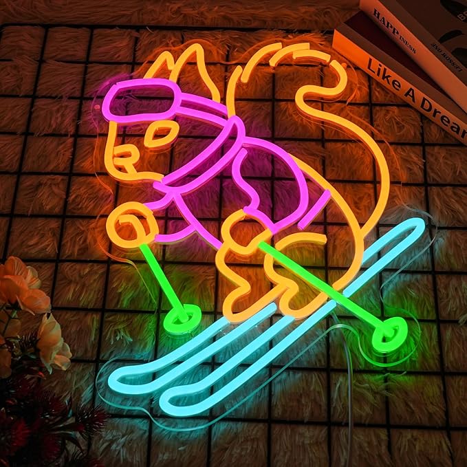 Squirrel Skiing Neon Sign Squirrel Snow Skiing Neon Lights for Kid Room Decor Animal LED Neon Signs for Skiing Shop Wall Art, Snow Skiing Club Led Wall Decor