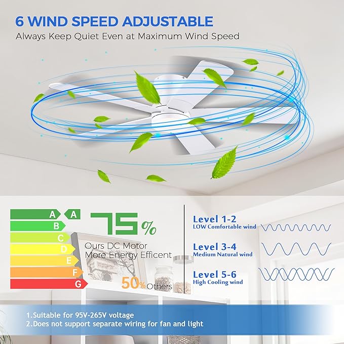 52" White Ceiling Fans with Lights and Remote/APP - Flush Mount Low Profile Ceiling Fan with 5 Reversible Dual-Sided Blades, Dimmable, 1/2/4H Timer, Modern Indoor Fan Light for Kitchen, Bedroom