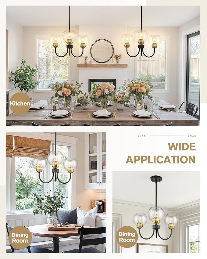 Emak 3-Light Black and Gold Dining Room Chandeliers, Modern Pendant Lights with Globe Glass Shade, Farmhouse 20 Inch Chandelier for Living Room, Entryway, Bathroom, Bedroom, Kitchen, CH114-BKBGD-CG-3
